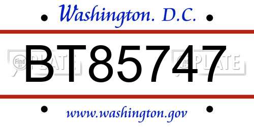 BT85747 District Of Columbia License Plate
