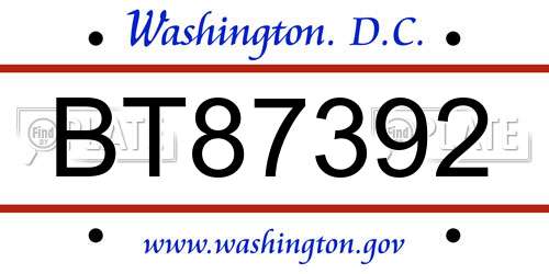 BT87392 District Of Columbia License Plate