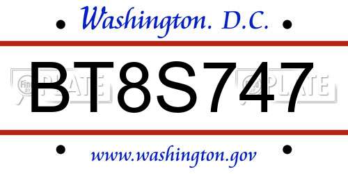 BT8S747 District Of Columbia License Plate