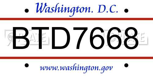BTD7668 District Of Columbia License Plate