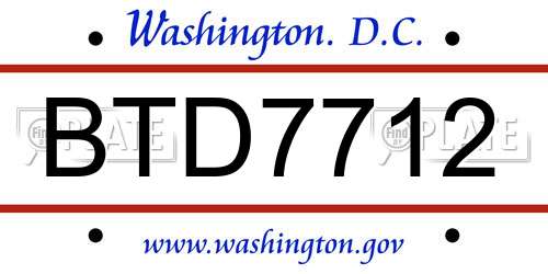 BTD7712 District Of Columbia License Plate