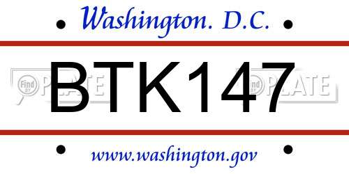 BTK147 District Of Columbia License Plate