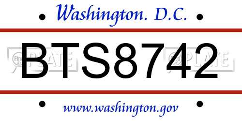 BTS8742 District Of Columbia License Plate