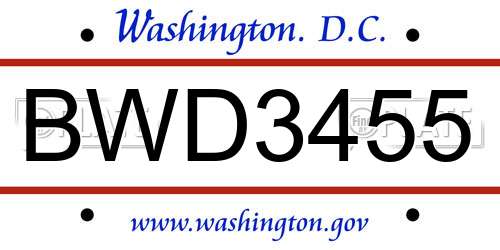 BWD3455 District Of Columbia License Plate