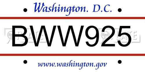 BWW925 District Of Columbia License Plate