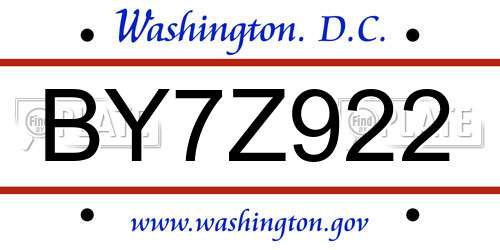 BY7Z922 District Of Columbia License Plate