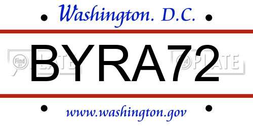 BYRA72 District Of Columbia License Plate
