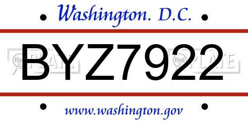 BYZ7922 District Of Columbia License Plate