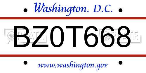 BZ0T668 District Of Columbia License Plate