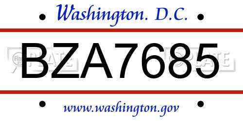 BZA7685 District Of Columbia License Plate