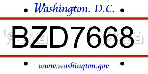 BZD7668 District Of Columbia License Plate