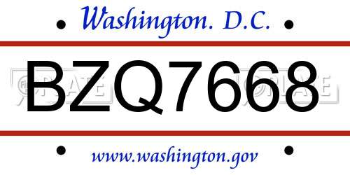 BZQ7668 District Of Columbia License Plate