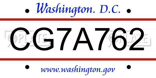 CG7A762 District Of Columbia License Plate