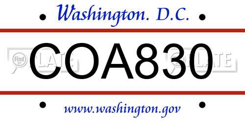 COA830 District Of Columbia License Plate