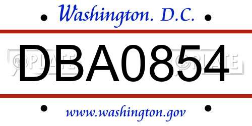 DBA0854 District Of Columbia License Plate