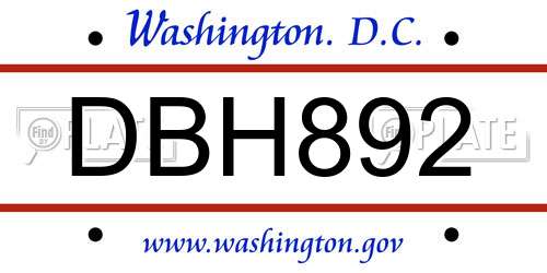 DBH892 District Of Columbia License Plate