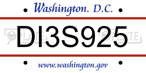 DI3S925 District Of Columbia License Plate