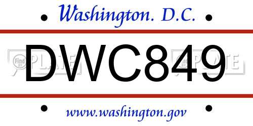 DWC849 District Of Columbia License Plate