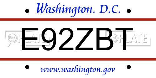 E92ZBT District Of Columbia License Plate