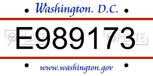E989173 District Of Columbia License Plate