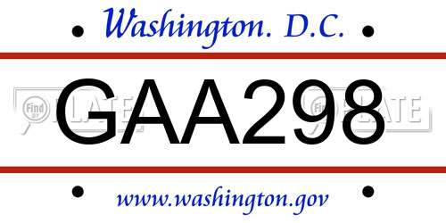 GAA298 District Of Columbia License Plate