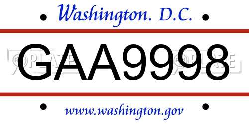 GAA9998 District Of Columbia License Plate