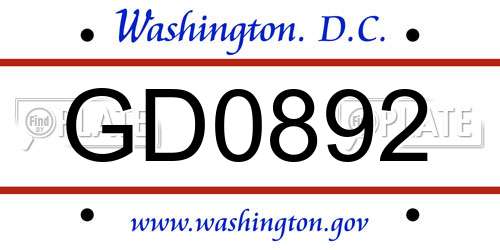 GD0892 District Of Columbia License Plate