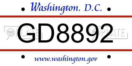 GD8892 District Of Columbia License Plate