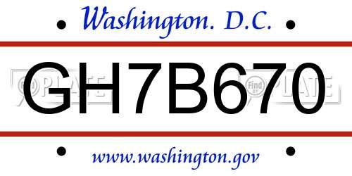 GH7B670 District Of Columbia License Plate