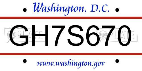 GH7S670 District Of Columbia License Plate