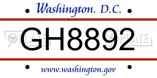 GH8892 District Of Columbia License Plate