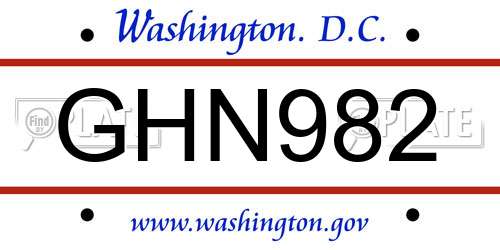 GHN982 District Of Columbia License Plate