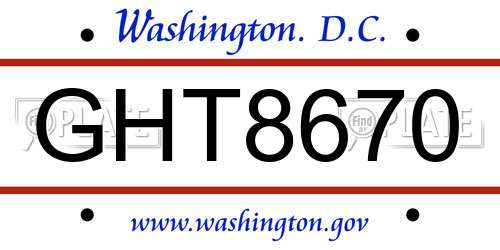 GHT8670 District Of Columbia License Plate