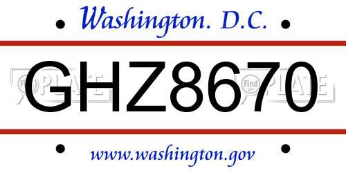 GHZ8670 District Of Columbia License Plate