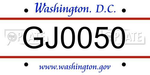 GJ0050 District Of Columbia License Plate