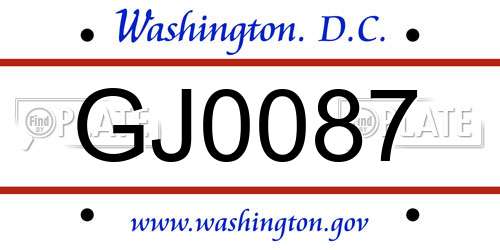 GJ0087 District Of Columbia License Plate