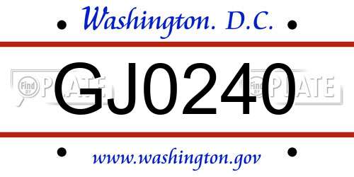 GJ0240 District Of Columbia License Plate