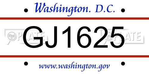 GJ1625 District Of Columbia License Plate
