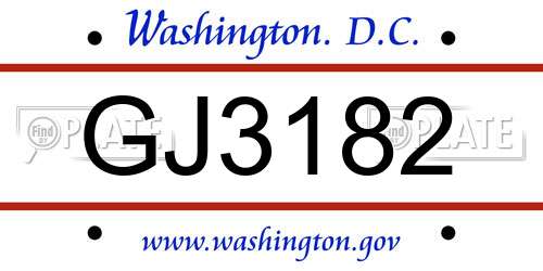 GJ3182 District Of Columbia License Plate