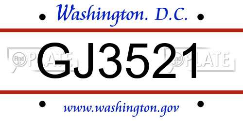 GJ3521 District Of Columbia License Plate