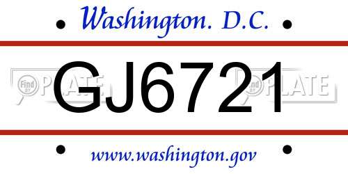 GJ6721 District Of Columbia License Plate