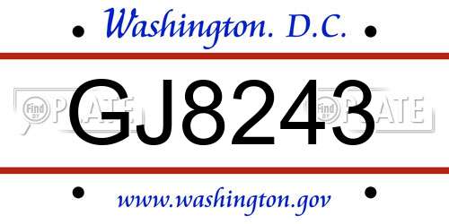 GJ8243 District Of Columbia License Plate