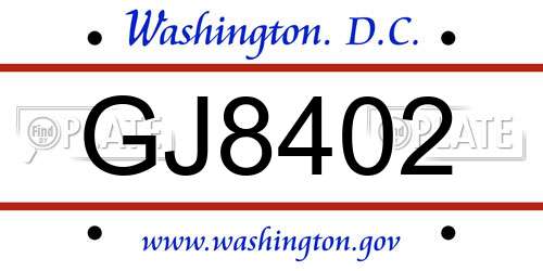 GJ8402 District Of Columbia License Plate