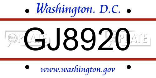 GJ8920 District Of Columbia License Plate