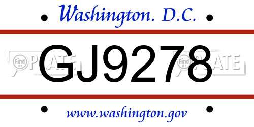GJ9278 District Of Columbia License Plate