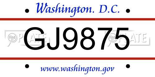 GJ9875 District Of Columbia License Plate