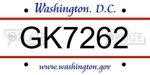 GK7262 District Of Columbia License Plate