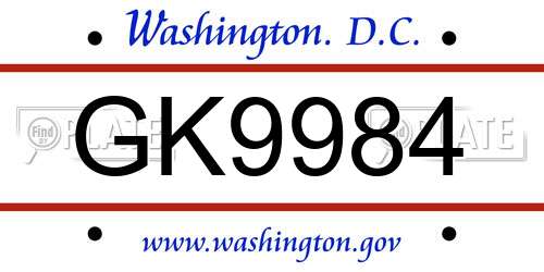 GK9984 District Of Columbia License Plate