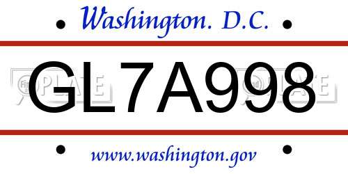 GL7A998 District Of Columbia License Plate