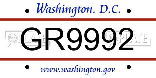 GR9992 District Of Columbia License Plate